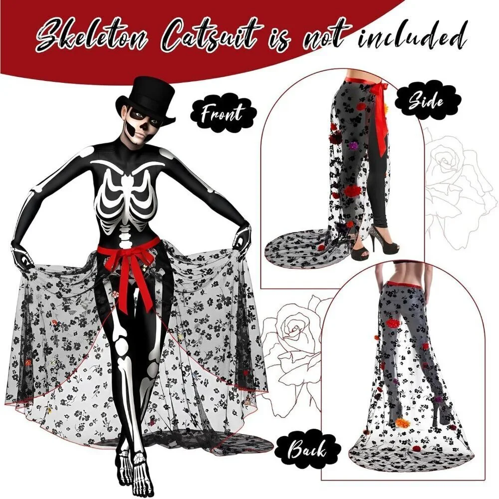 Women Day of Dead Tulle Skirt Mexican Flower Gothic Dress for Costume Party